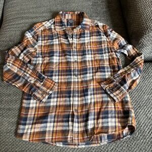 Eddie Bauer Womens Size Medium Plaid Navy Yellow Flannel Button Up Shirt Country